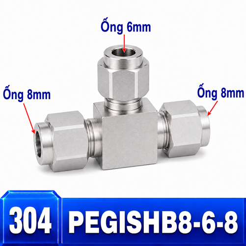 Đầu nối Inox 304 dạng chữ T giảm 8-6-8 có 3 đầu nối siết hạt bắp
