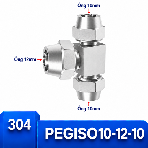 Đầu nối chữ T giảm Inox 304 10-12-10 có 3 đầu siết ống khí nén