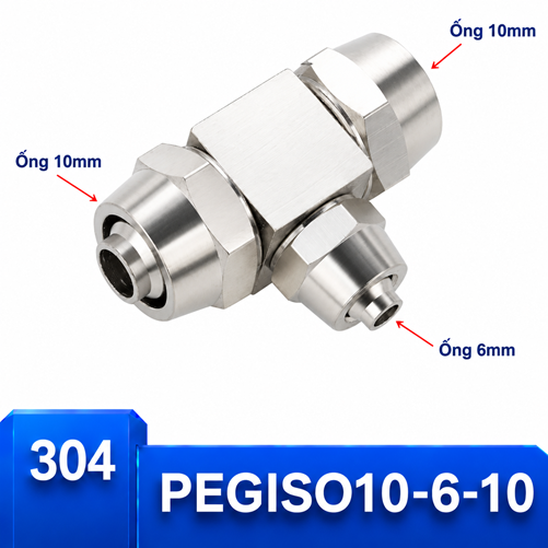 Đầu nối chữ T giảm Inox 304 10-6-10 có 3 đầu siết ống khí nén