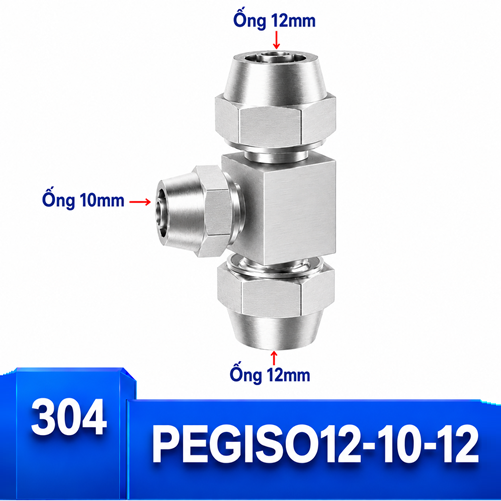 Đầu nối chữ T giảm Inox 304 12-10-12 có 3 đầu siết ống khí nén