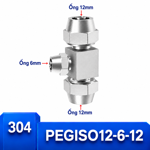 Đầu nối chữ T giảm Inox 304 12-6-12 có 3 đầu siết ống khí nén