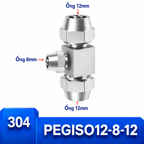 Đầu nối chữ T giảm Inox 304 12-8-12 có 3 đầu siết ống khí nén
