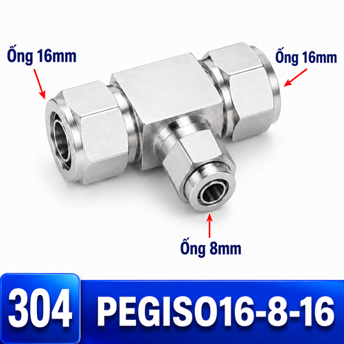 Đầu nối Inox 304 dạng chữ T giảm 16-8-16 có 3 đầu nối siết ống khí nén