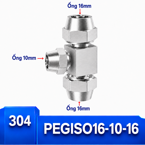 Đầu nối chữ T giảm Inox 304 16-10-16 có 3 đầu siết ống khí nén