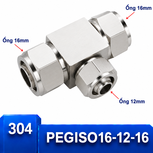 Đầu nối chữ T giảm Inox 304 16-12-16 có 3 đầu siết ống khí nén