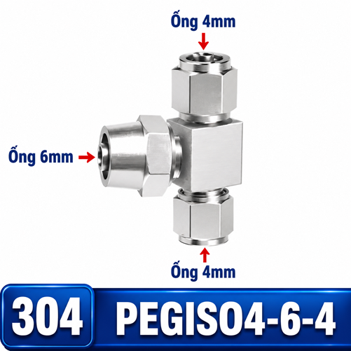Đầu nối Inox 304 dạng chữ T giảm 4-6-4 có 3 đầu nối siết ống khí nén