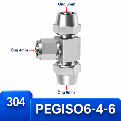 Đầu nối chữ T giảm Inox 304 6-4-6 có 3 đầu siết ống khí nén
