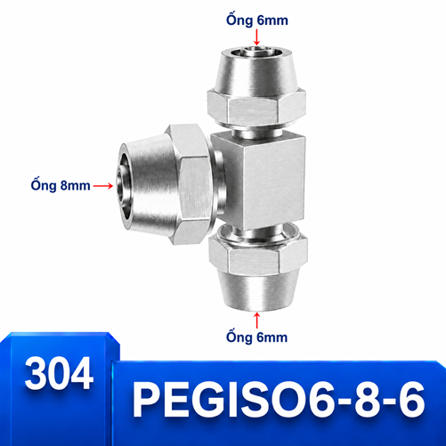 Đầu nối chữ T giảm Inox 304 6-8-6 có 3 đầu siết ống khí nén