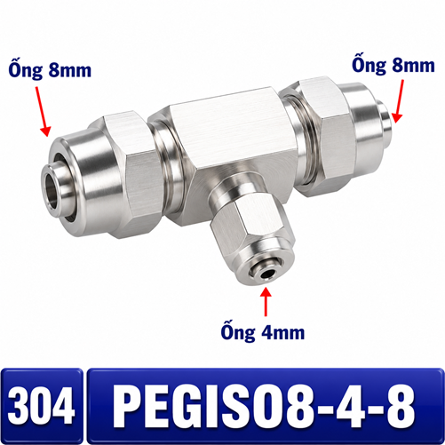 Đầu nối Inox 304 dạng chữ T giảm 8-4-8 có 3 đầu nối siết ống khí nén