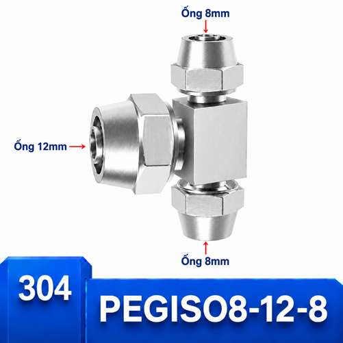 Đầu nối chữ T giảm Inox 304 8-12-8 có 3 đầu siết ống khí nén