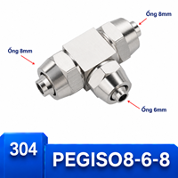 Đầu nối chữ T giảm Inox 304 8-6-8 có 3 đầu siết ống khí nén