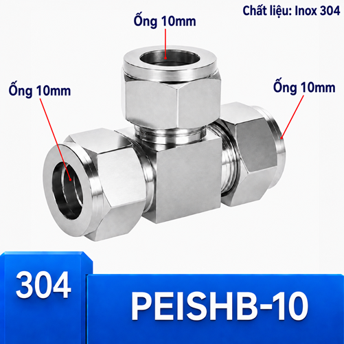 Đầu nối Inox 304 dạng chữ T có 3 đầu siết hạt bắp ống phi 10