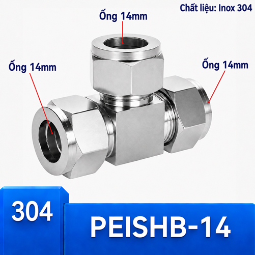 Đầu nối Inox 304 dạng chữ T có 3 đầu siết hạt bắp ống phi 14