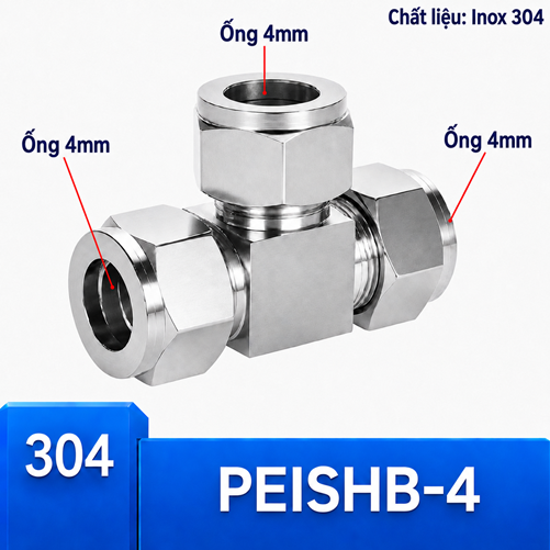Đầu nối Inox 304 dạng chữ T có 3 đầu siết hạt bắp ống phi 4