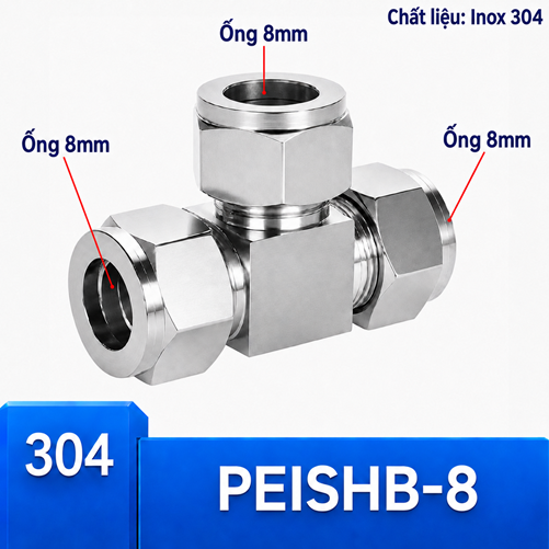 Đầu nối Inox 304 dạng chữ T có 3 đầu siết hạt bắp ống phi 8