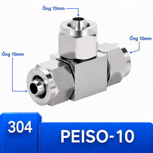 Đầu nối Inox 304 dạng chữ T có 3 đầu siết ống 10