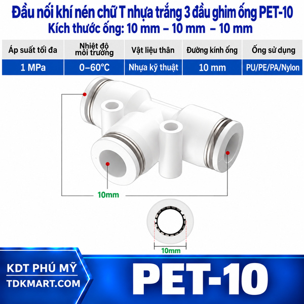 Đầu nối khí nén chữ T nhựa trắng 3 đầu ghim ống 10 mm