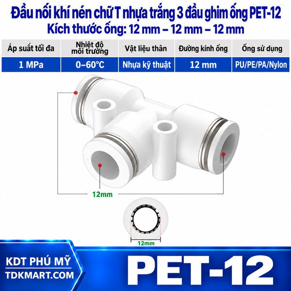Đầu nối khí nén chữ T nhựa trắng 3 đầu ghim ống 12 mm