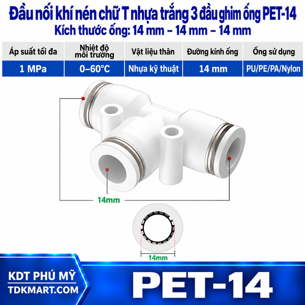 Đầu nối khí nén chữ T nhựa trắng 3 đầu ghim ống 14 mm