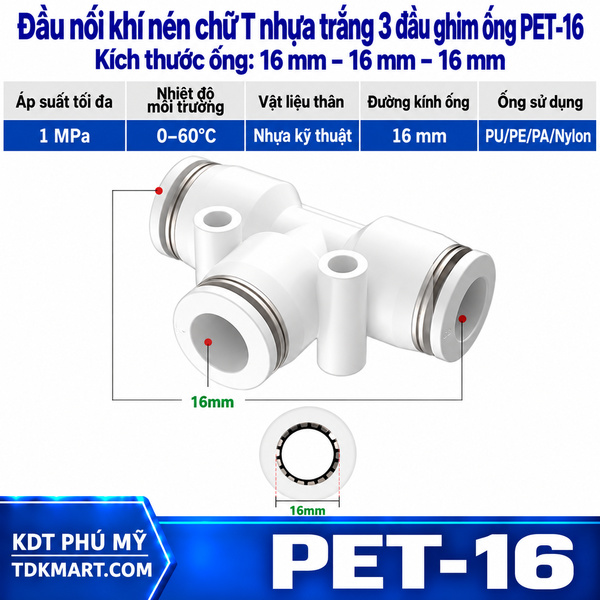 Đầu nối khí nén chữ T nhựa trắng 3 đầu ghim ống 16 mm
