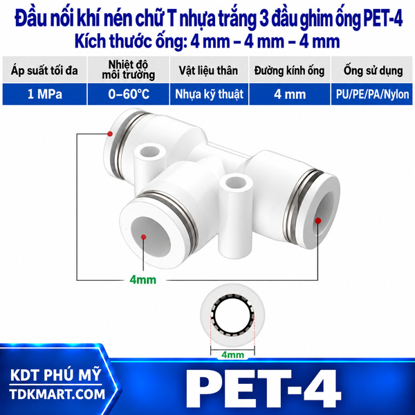 Đầu nối khí nén chữ T nhựa trắng 3 đầu ghim ống 4 mm