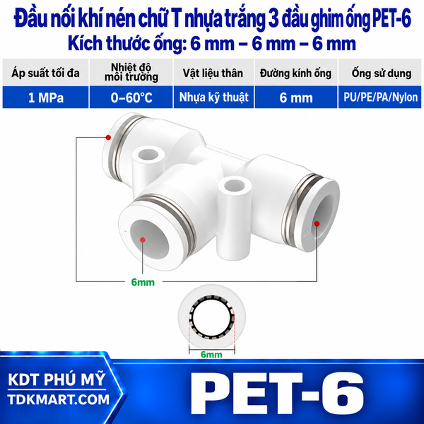 Đầu nối khí nén chữ T nhựa trắng 3 đầu ghim ống 6 mm