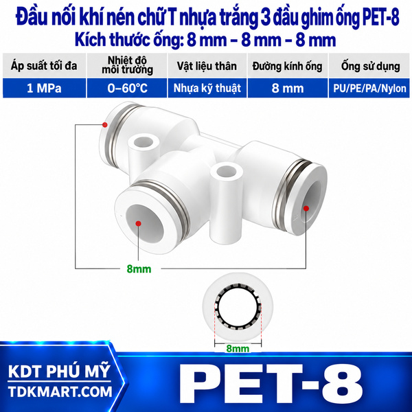 Đầu nối khí nén chữ T nhựa trắng 3 đầu ghim ống 8 mm