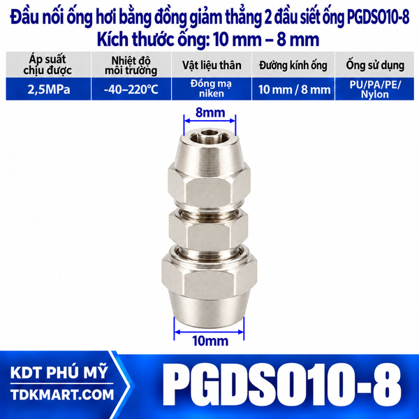 Đầu nối ống hơi giảm thẳng bằng đồng 2 đầu siết ống 10-8 mm