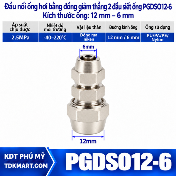 Đầu nối ống hơi giảm thẳng bằng đồng 2 đầu siết ống 12-6 mm