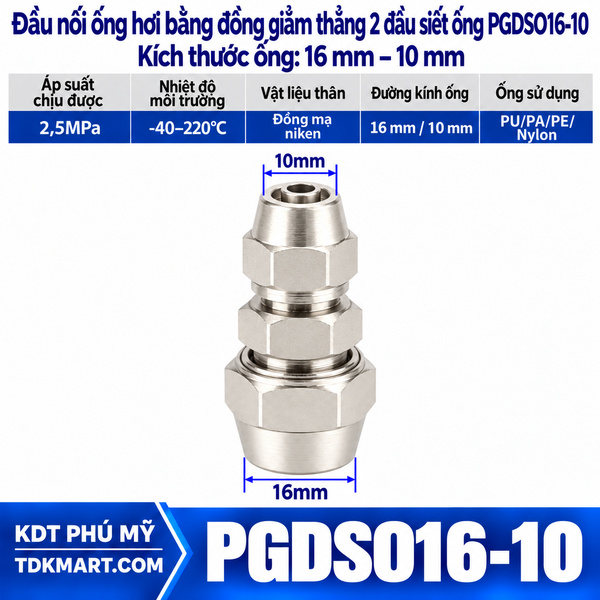 Đầu nối ống hơi giảm thẳng bằng đồng 2 đầu siết ống 16-10 mm
