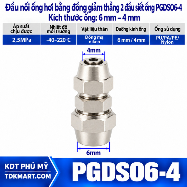 Đầu nối ống hơi giảm thẳng bằng đồng 2 đầu siết ống 6-4 mm