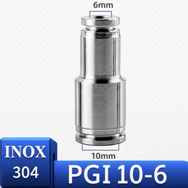Đầu nối nhanh khí nén Inox 304 giảm thẳng 2 đầu ghim ống phi 10-6 mm