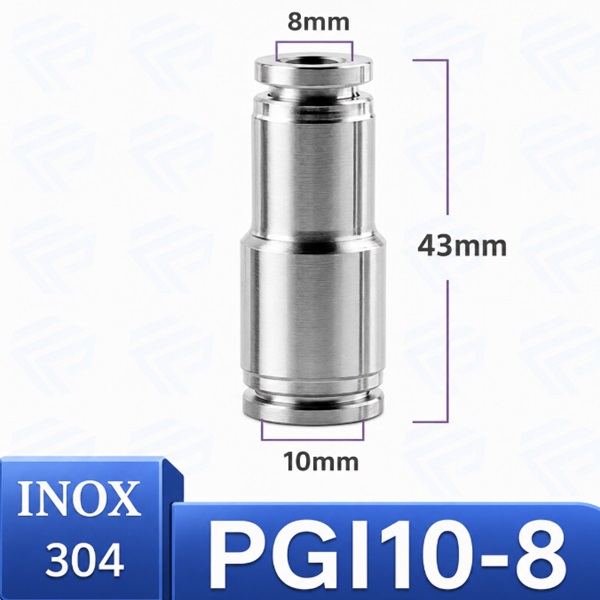 Đầu nối nhanh khí nén Inox 304 giảm thẳng 2 đầu ghim ống phi 10-8 mm