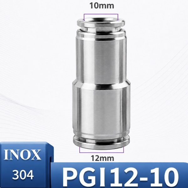 Đầu nối nhanh khí nén Inox 304 giảm thẳng 2 đầu ghim ống phi 12-10 mm