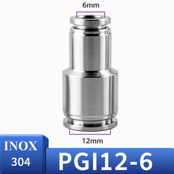 Đầu nối nhanh khí nén Inox 304 giảm thẳng 2 đầu ghim ống phi 12-6 mm