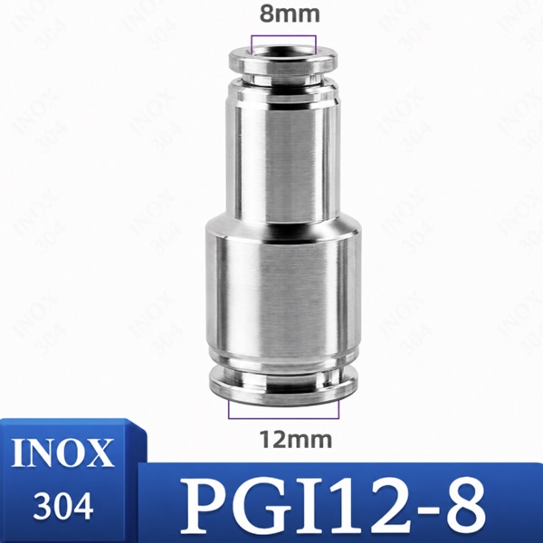 Đầu nối nhanh khí nén Inox 304 giảm thẳng 2 đầu ghim ống phi 12-8 mm