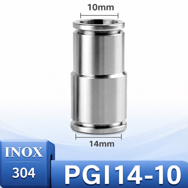 Đầu nối nhanh khí nén Inox 304 giảm thẳng 2 đầu ghim ống phi 14-10 mm