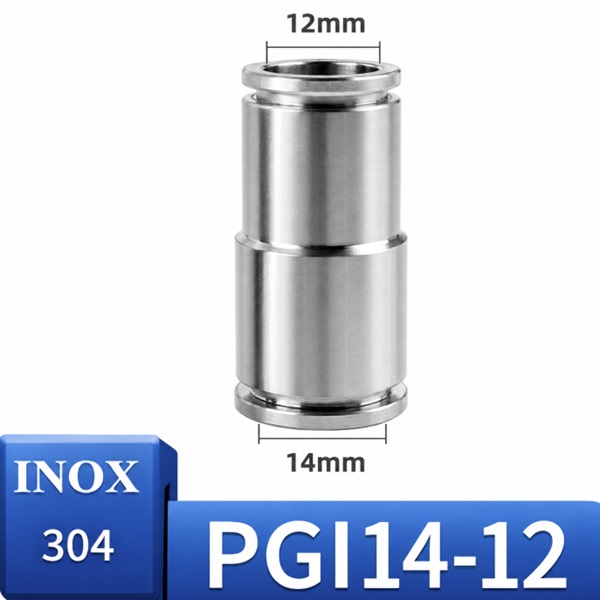 Đầu nối nhanh khí nén Inox 304 giảm thẳng 2 đầu ghim ống phi 14-12 mm