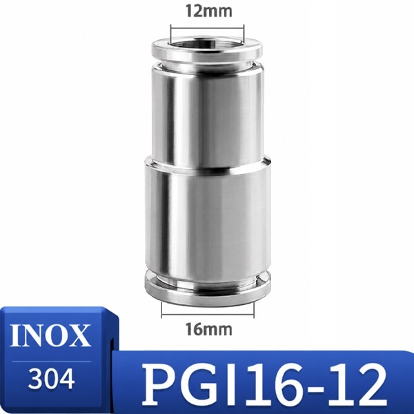 Đầu nối nhanh khí nén Inox 304 giảm thẳng 2 đầu ghim ống phi 16-12 mm