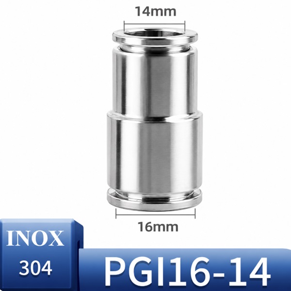 Đầu nối nhanh khí nén Inox 304 giảm thẳng 2 đầu ghim ống phi 16-14 mm