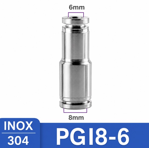 Đầu nối nhanh khí nén Inox 304 giảm thẳng 2 đầu ghim ống phi 8-6 mm