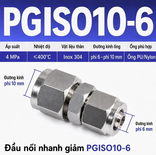 Đầu nối giảm thẳng Inox 304 2 đầu siết ống khí nén 10-6 mm