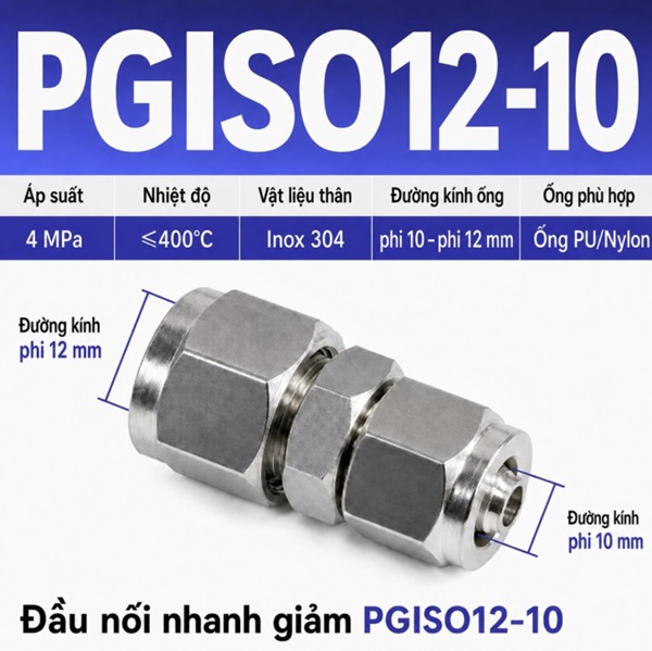 Đầu nối giảm thẳng Inox 304 2 đầu siết ống khí nén 12-10 mm
