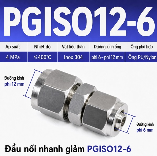 Đầu nối giảm thẳng Inox 304 2 đầu siết ống khí nén 12-6 mm