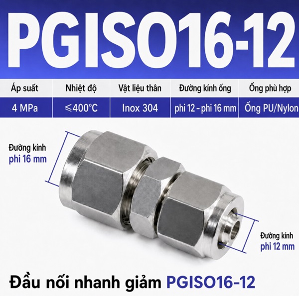 Đầu nối giảm thẳng Inox 304 2 đầu siết ống khí nén 16-12 mm