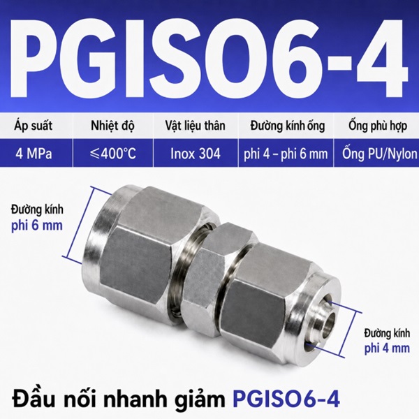 Đầu nối giảm thẳng Inox 304 2 đầu siết ống khí nén 6-4 mm