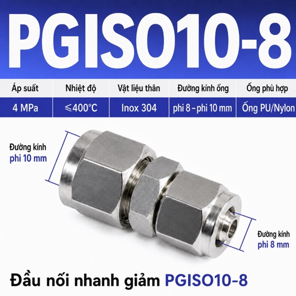 Đầu nối giảm thẳng Inox 304 2 đầu siết ống khí nén 10-8 mm