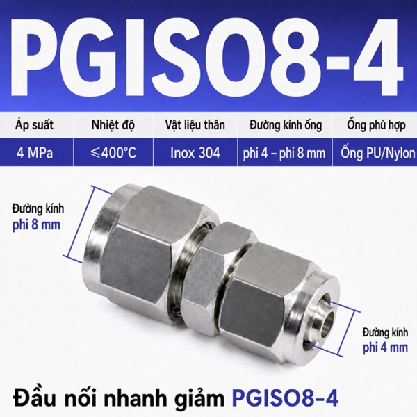 Đầu nối giảm thẳng Inox 304 2 đầu siết ống khí nén 8-4 mm