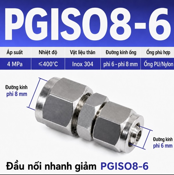 Đầu nối giảm thẳng Inox 304 2 đầu siết ống khí nén 8-6 mm