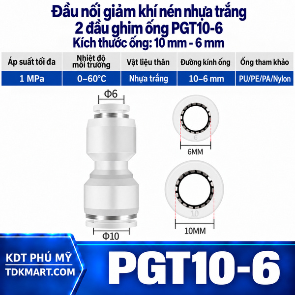 Đầu nối giảm khí nén nhựa trắng 2 đầu ghim ống 10-6 mm